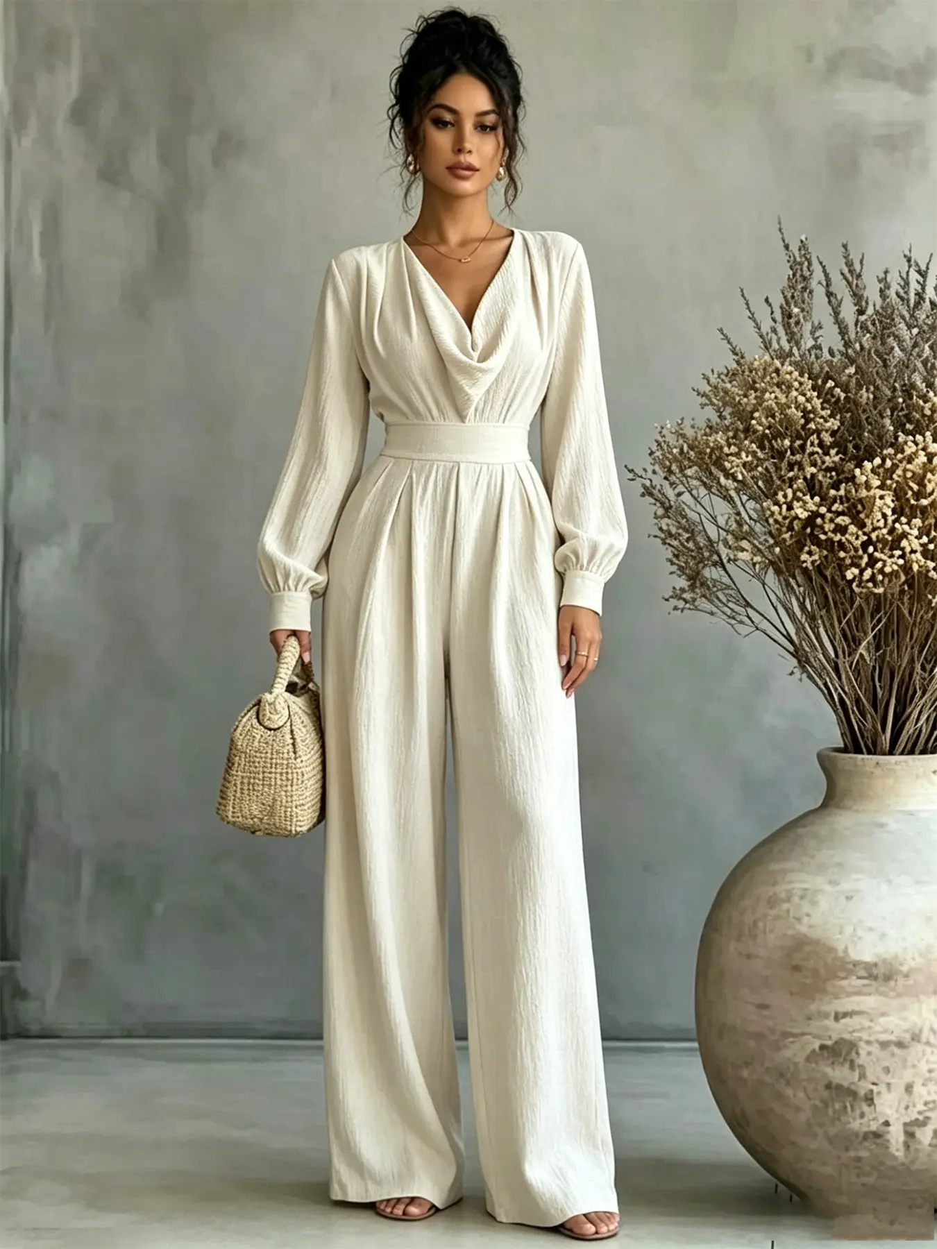 A fashionable women's beige swing collar long sleeved wide leg jumpsuit, with a high waist and a cinched waist that looks taller and slimmer, suitable for commuting to work, shopping and outdoor activities, indoor and outdoor dressing