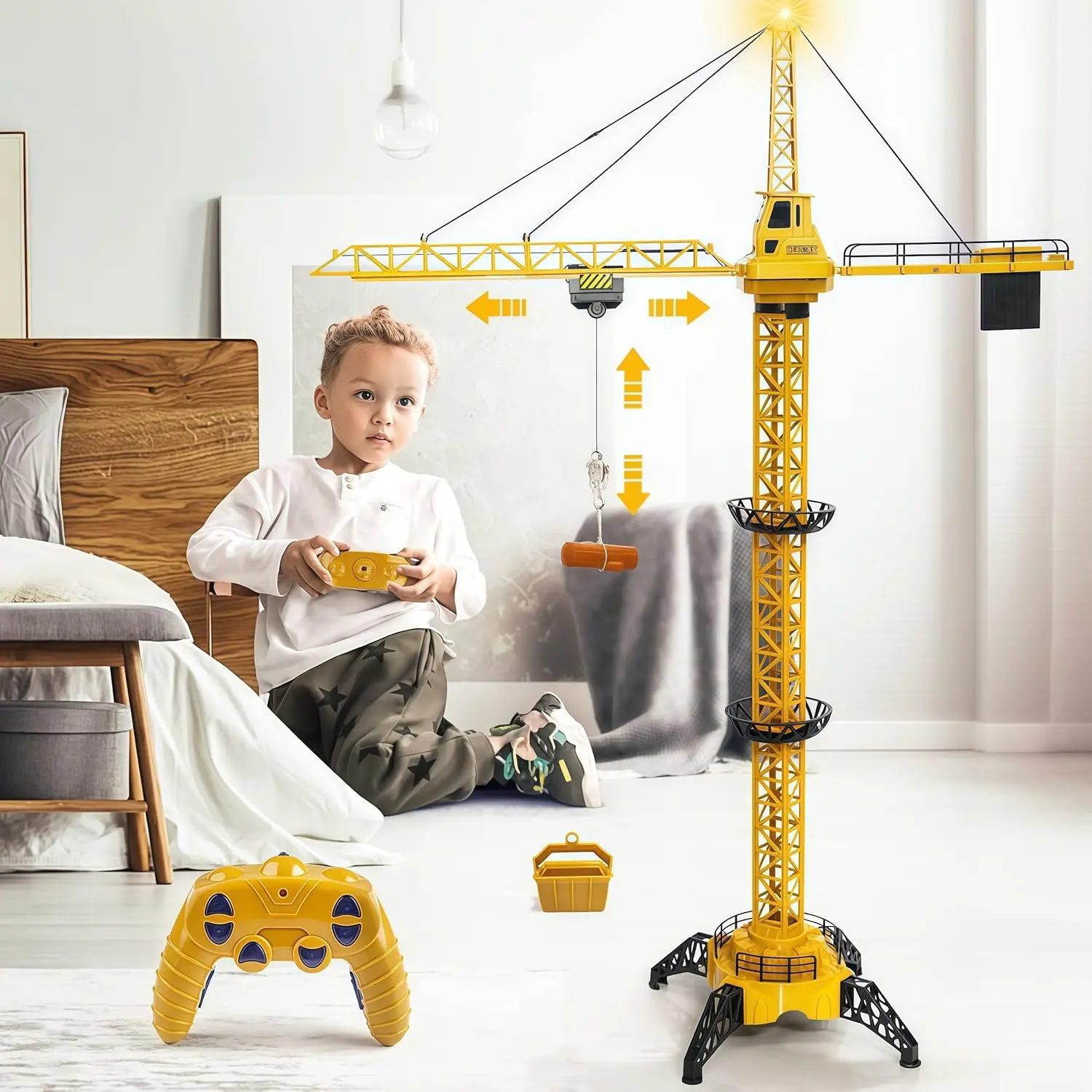 6 Channel Infinite Rotation Remote Control Tower Crane Toy 50.4 inch 2.4GHz RC Construction Lift Model with Tower Light & Sound for Boys