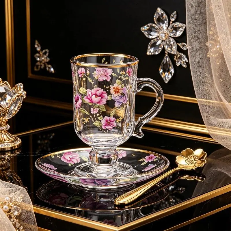 120ml premium Glass cup, saucer, and spoon set, Glass cup *1 +Glass saucer *1+ Stainless steel spoon *1, Water cup/coffee cup/tea cup, suitable for home/office/coffee shop/dessert shop, Clear coffee mug