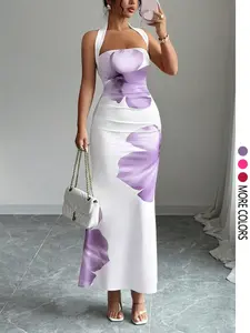Women'sSummer Halter Tie Waist Slim Fit Elegant Printed Mid-Length Dress