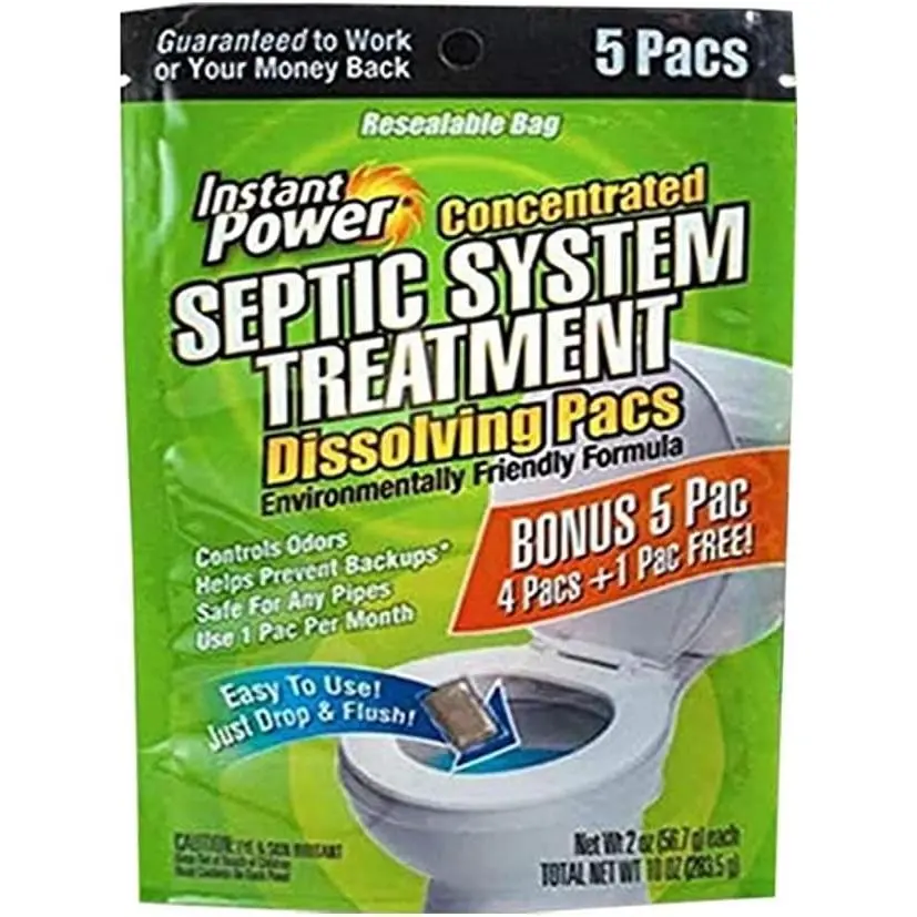Septic System Treatment Dissolving Pacs - Septic Tank Treatment Packets, Drain Cleaner Liquid Clog Remover for Septic System, Drain Defense for RVs - Includes 5 Pacs