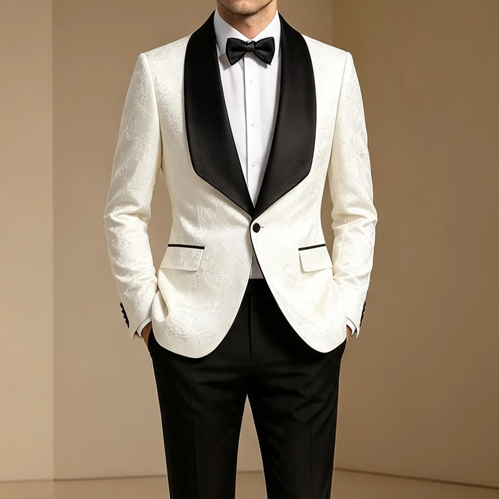 Men 2 Piece White Floral Jacquard Suit Black Satin Shawl Lapel Blazer & Matching Trousers Formal Tuxedo with Free Bow Tie for Wedding Prom Stage