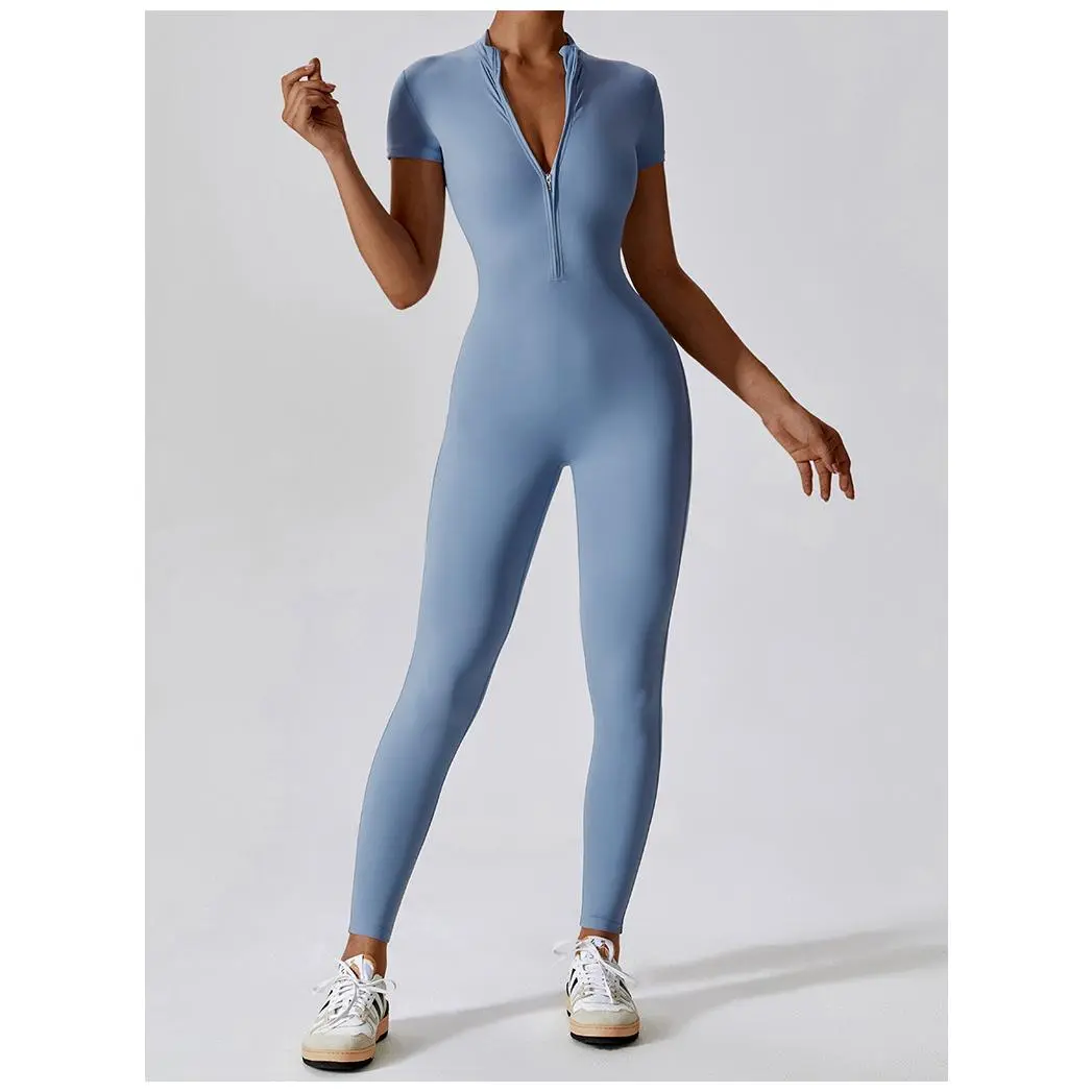 Women’s Half Zip Mock Neck Athletic Jumpsuit, Short Sleeve Quick Dry Figure-Flattering Compression One Piece Workout Bodysuit, High Waist Stretchy Summer Activewear for Yoga Gym Running Hiking Daily Casual Errands