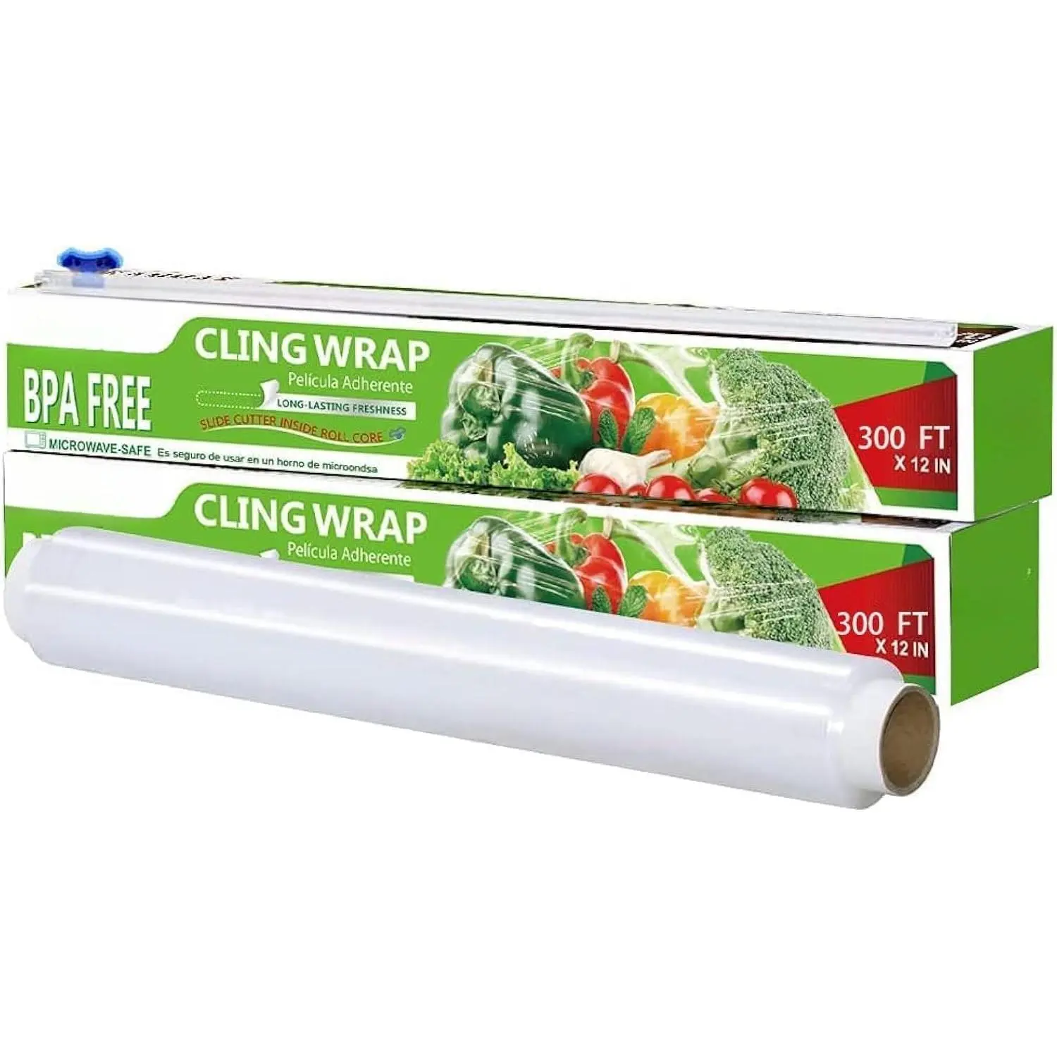 Plastic Wrap,  Wrap with Slide , Cling Wrap 12 inch  Service Clear Cling Film 2 Pack 300 Square FT Roll  Microwave-Safe Kitchen Wrap Quick Cut Plastic Film