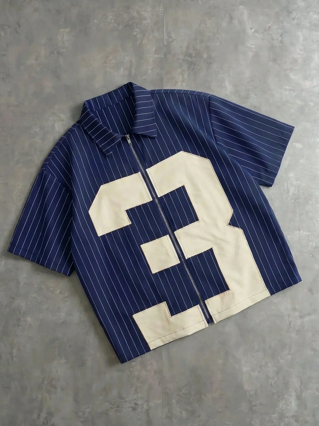 90s Hip Hop Vintage Striped Baseball Jersey, Casual Breathable Jersey For Men Full Front Zip Short Sleeve Top Oversized Boxy Cut Large Number 23 Applique Patch Navy Pinstripe Breathable Woven Fabric Retro Sport Shirt Casual Sports Jersey