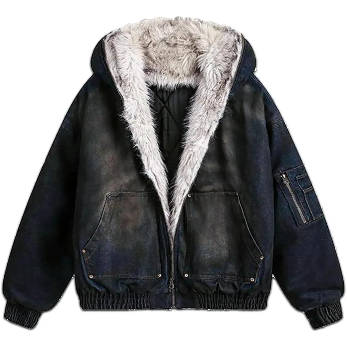 thesupermade Fur Hoodie Jacket Teen Zip Up Lined Thicken Denim Winter Fuzzy Streetwear Hooded Coat