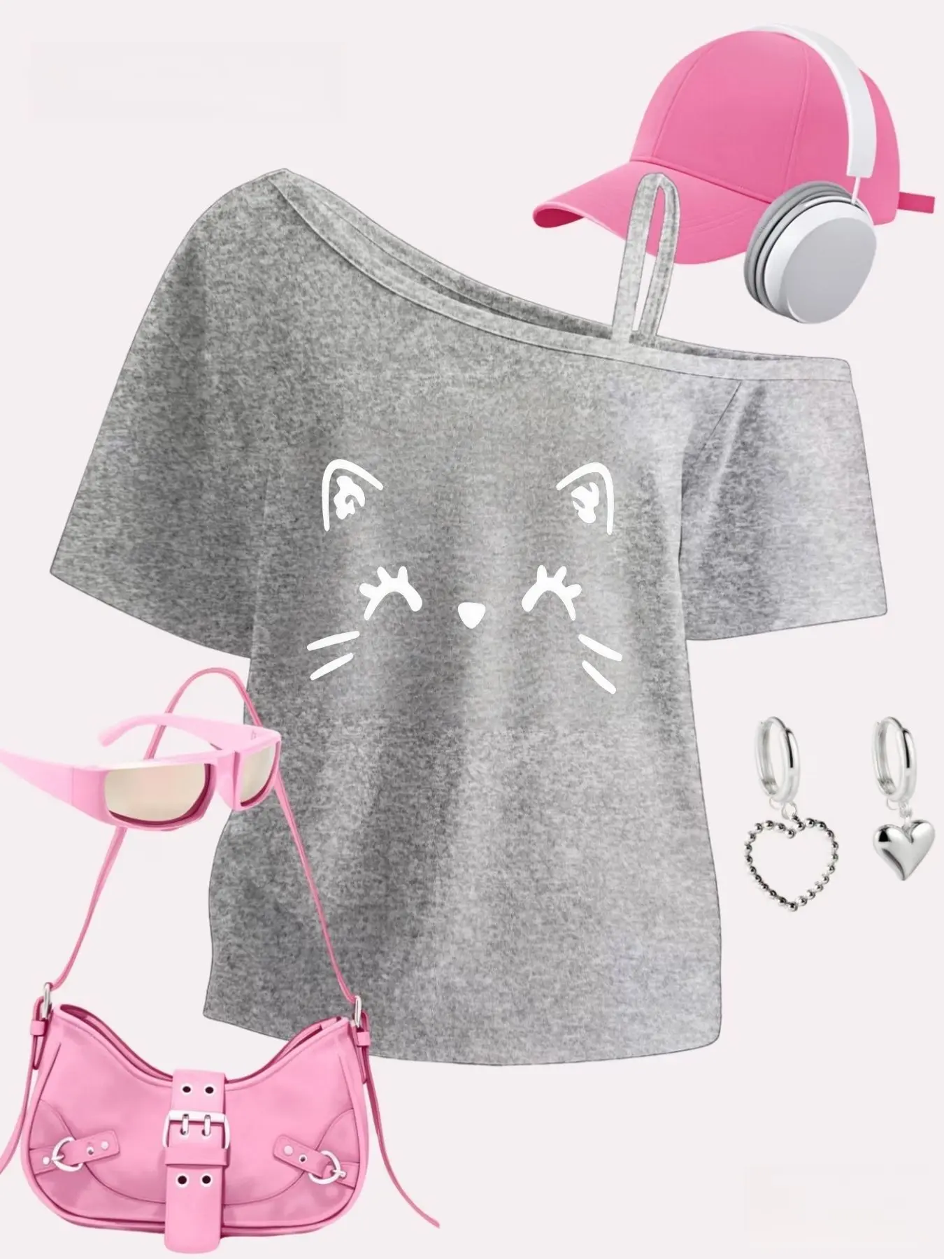 Y2K Style Cat Girl Top, Asymmetrical Shoulder Straps, Casual Slim Fit Tee, Perfect Gift for Girls, Spring Summer 2026 New Arrival