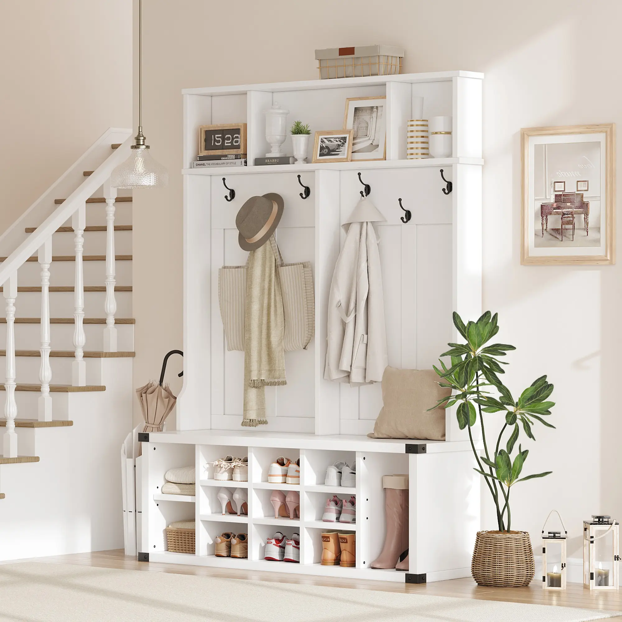51-Inch Large Wood Hall Tree with Bench, 13 Shoe Cubbies, 6 Tri Hooks – 5-in-1 Farmhouse Look Entryway Coat Rack for Mudroom Organization