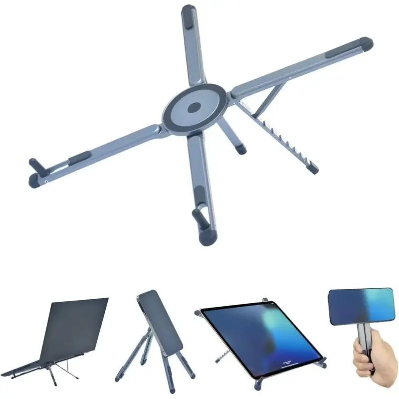 Foldable Desktop Portable Laptop Stand, Adjustable Laptop Riser with Magnetic Phone Holder, Aluminum Alloy Notebook Stand Compatible with 10-16" Laptops and 4-13"Phones/Tablets(Silver Gray)