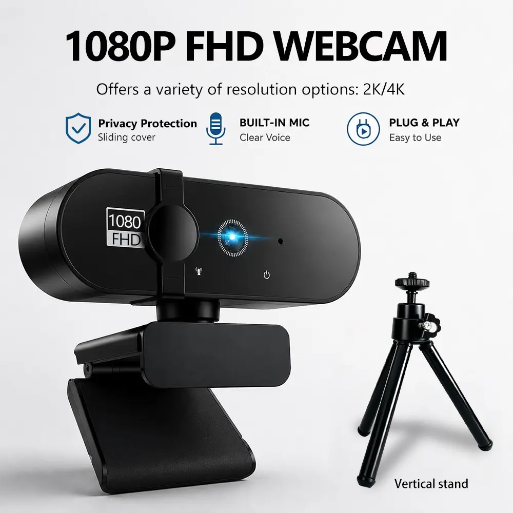 1080P/2K/4K Adjustable Auto Focus USB Webcam, Noise Canceling Mic, 110° Wide Angle, Extendable Stand, Privacy Cover, Plug & Play Camera for PC Laptop, Streaming, Gaming & Video Conferencing