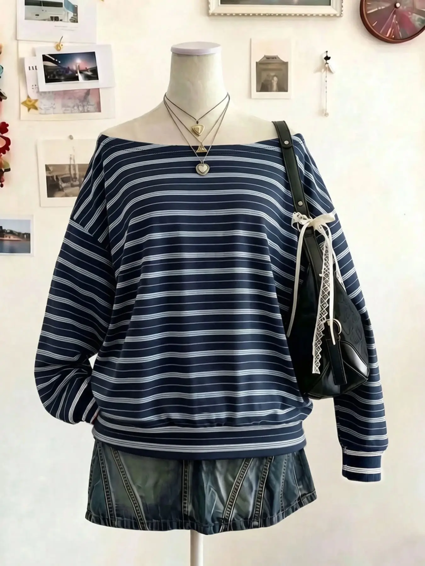 Women's Off-Shoulder Long Sleeve Hoodie, Loose Casual Striped Top, Vintage Daily Style For Daily Street Casual Outfits