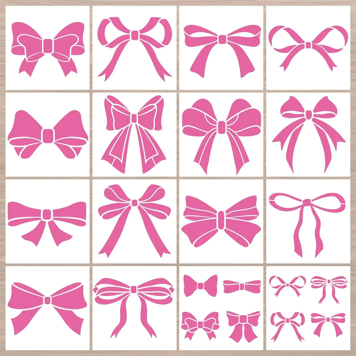 Reusable Bows Stencils for Painting - 16 Pcs Small Bow Painting Template on Wood Wall Decor, Reusable Plastic Stencil Set DIY Furniture Floor Canvas Crafts Decoration