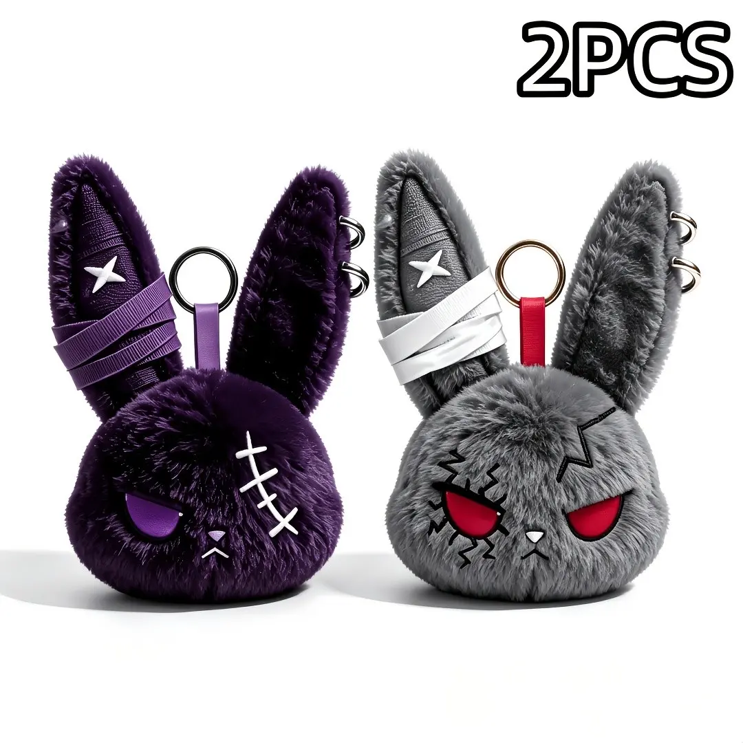 2Pcs Gothic Bandage Stitched Bunny Plush Keychain, Dark Style Rabbit Head Bag Pendant, Unique Ladies Plush Key Accessories，GothicAccessories，RabbitKeychain，back-to-school gift，HalloweenGift