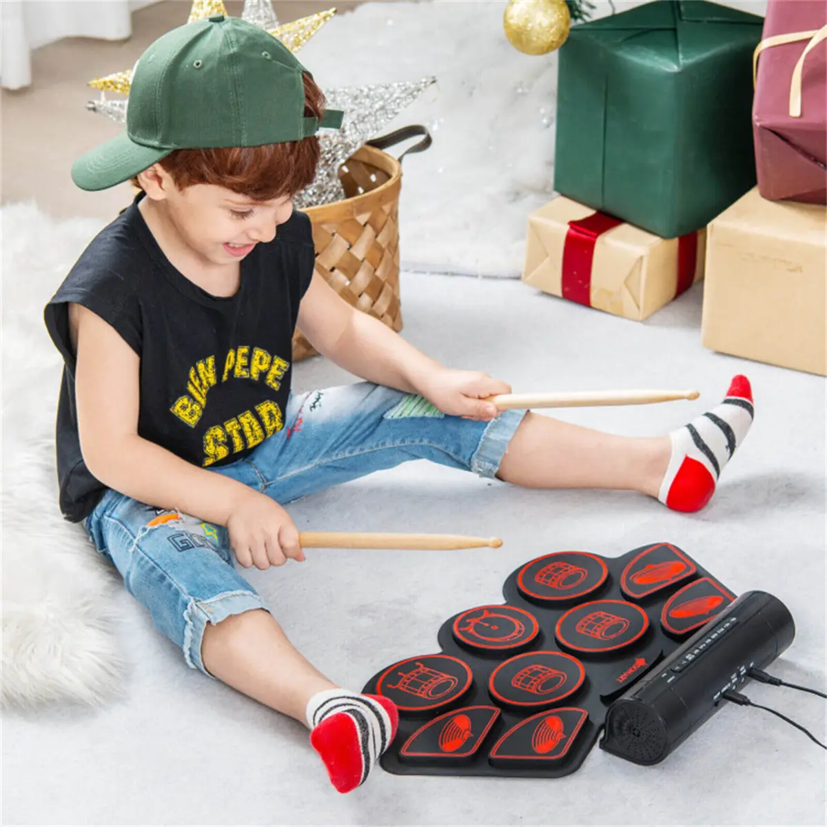 9-Pad Electric Drum Set for Beginners, MIDI USB Connection Dual Stereo Speakers Black+Red
