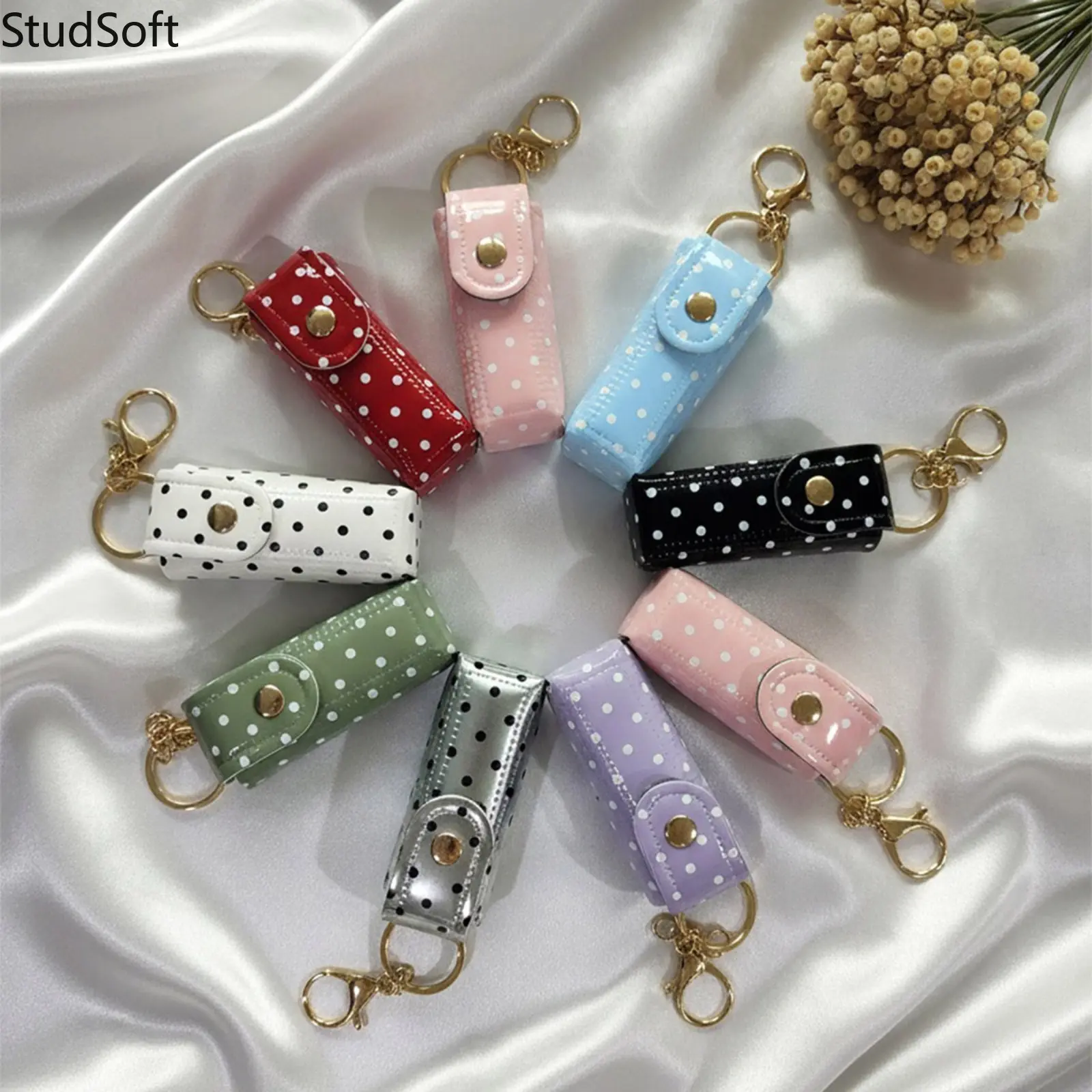 Mini Leather Lipstick-Lip Balm Pouch with Mirror, Snap Closure, Charm Keychain, Cute Polka Dot Design – Girls' Gift for Back to School Season (Sports & Outdoor Accessory), Leather Pouch, Mini Size