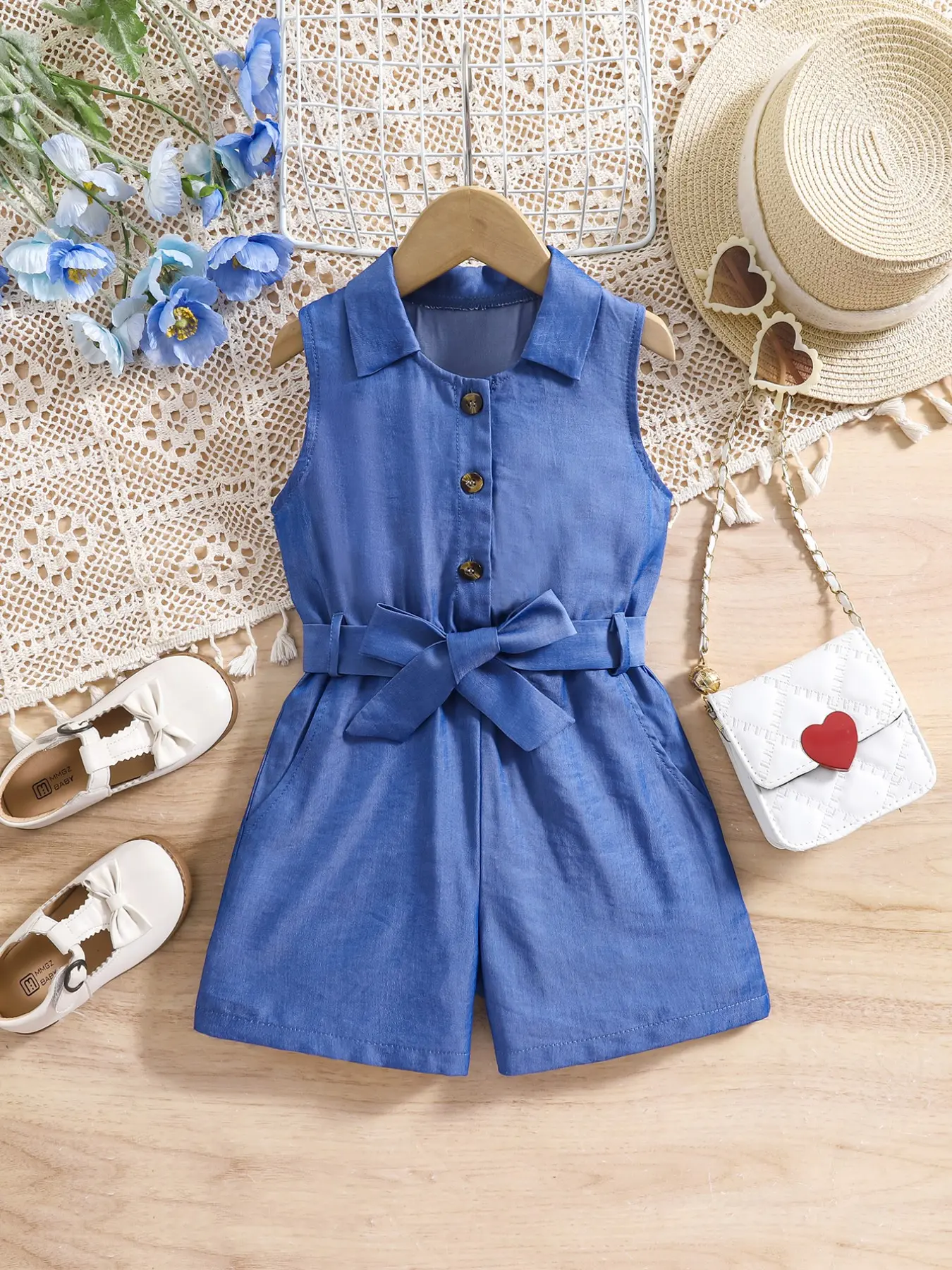 Girls' Imitation Denim Romper, Casual Belted Sleeveless Design, Loose-Fit Soft Fabric, Perfect for Parties & Gifts, Includes Waistband