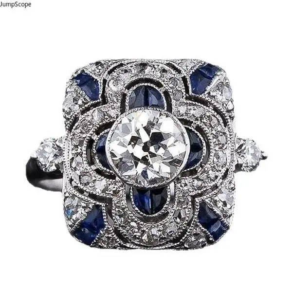 Vintage Art Deco White Gold Plated Sapphire Halo Filigree Engagement Ring For Women, Large Round Center CZ Luxury Antique Bridal Wedding Cocktail Statement Band For Proposal Banquet Anniversary Wear