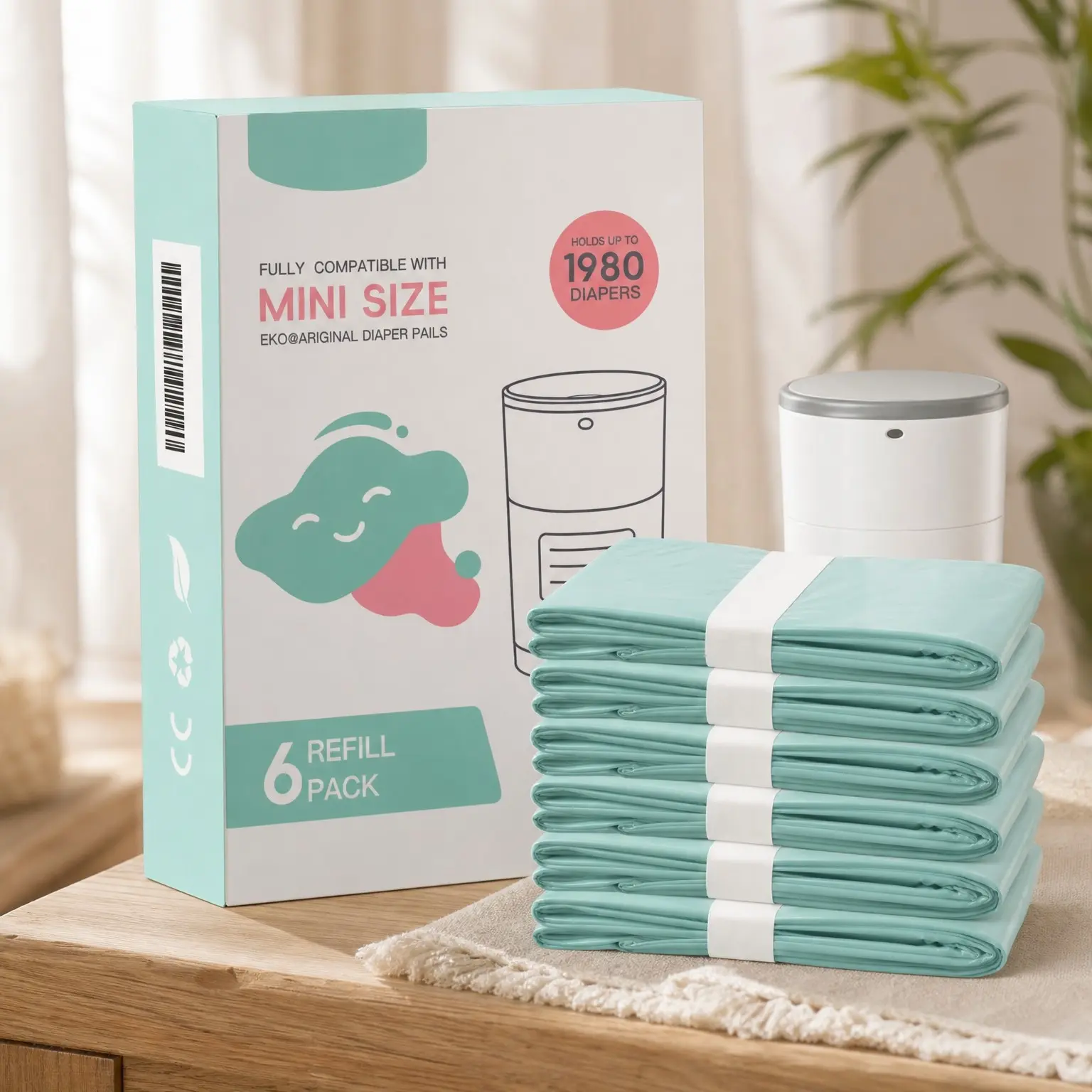 6-Pack Diaper Pail Refills for Mini Pails, 30% Extra Thick Heavy-Duty Leak-Proof Liners, Multi-Layer Odor Defense Film, Holds Up to 1980 Diapers, Fresh Scented Baby Changing Essentials(Gift)