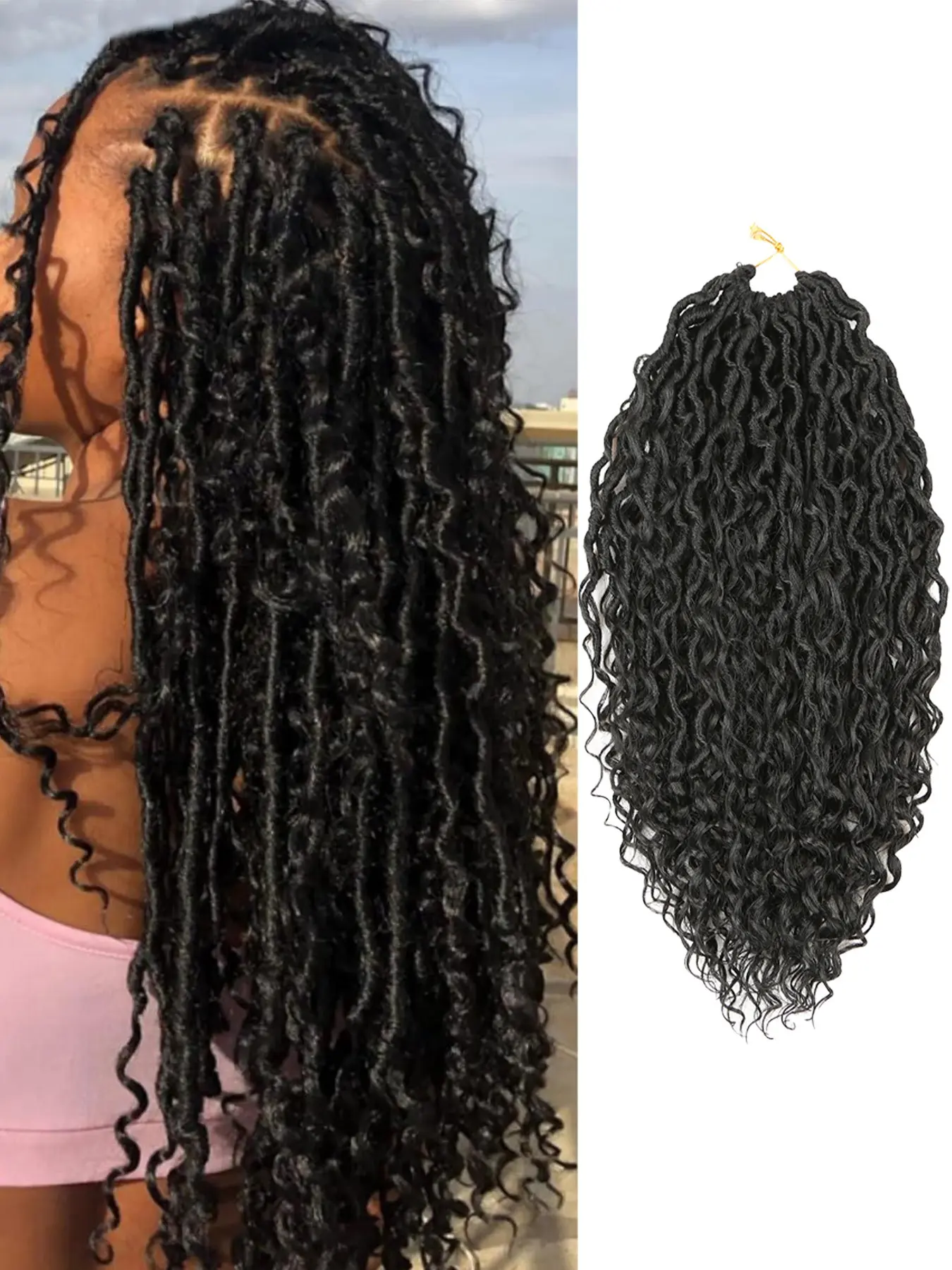 14/18/24-inch Goddess Braid Crochet Hair Extensions – Black, Bohemian-style synthetic hair with pre-looped design and curly ends; suitable for daily gatherings, New Year's, carnivals, and music festivals.