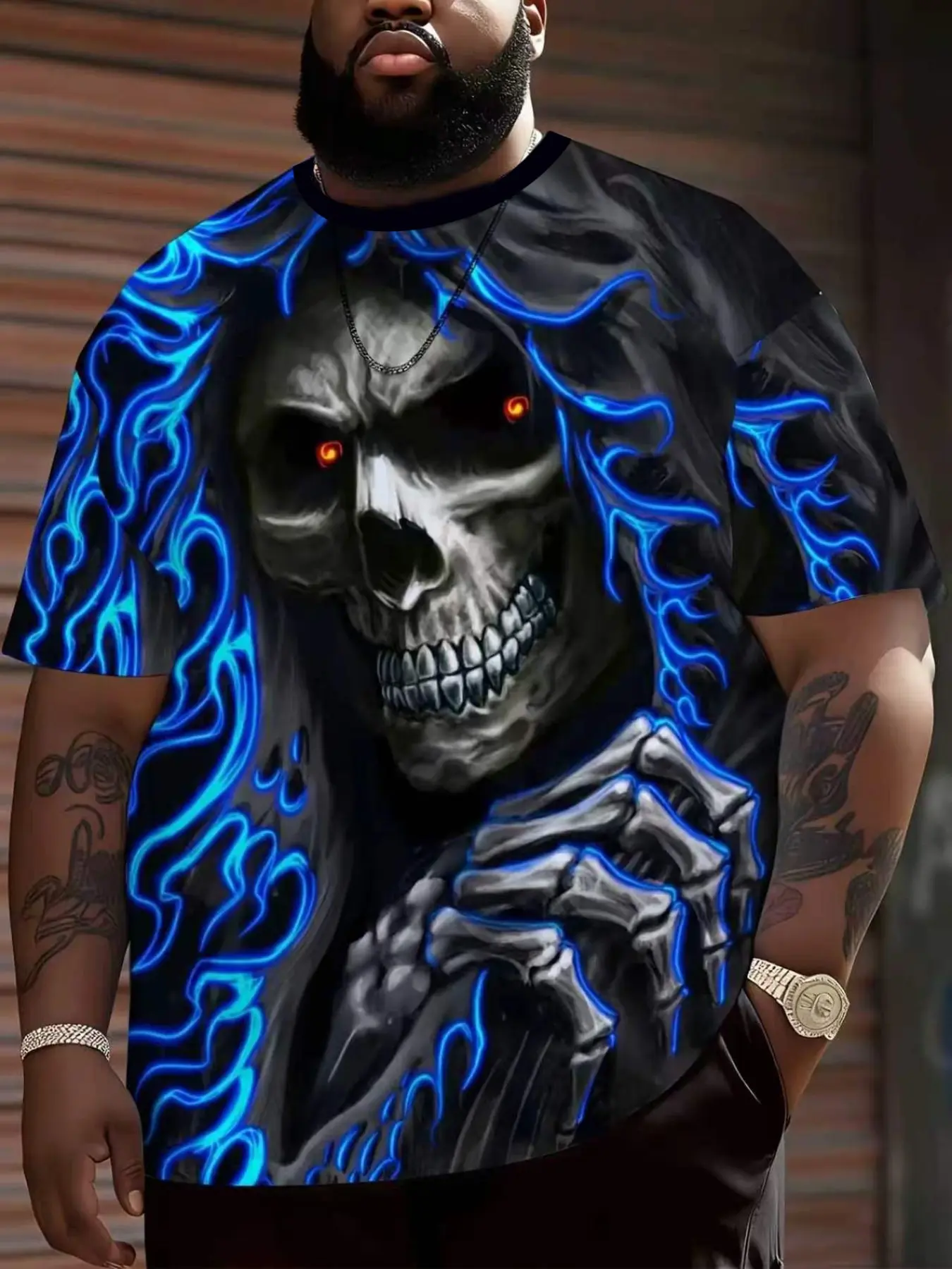 Large Size Men's Skull Punk Tropical T-Shirt, Dark Casual Comfy Streetwear Short Sleeve, Casual Loose Fit, All Seasons, Digital Print, Unlined, Top, Menswear