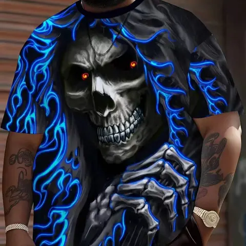 Large Size Men's Skull Punk Tropical T-Shirt, Dark Short Sleeve, Casual Loose Fit, All Seasons, Digital Print, Casual Graphic Streetwear, Unlined, Top, Menswear