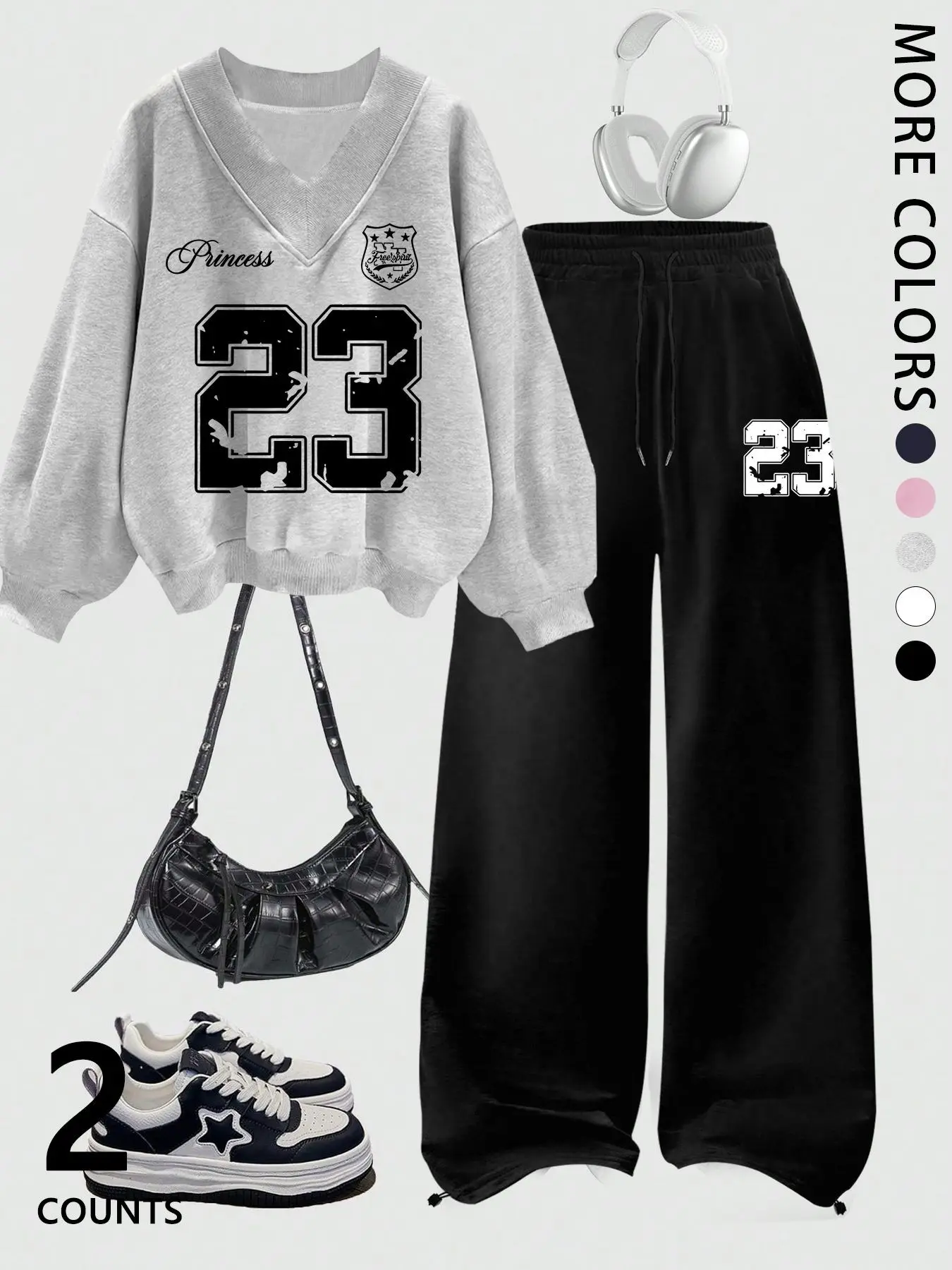2Pcs Set Grey V-Neck Casual Sweatshirt Tracksuit Women Y2K Number 23 Print Pullover and Wide Leg Pants for Unisex Streetwear