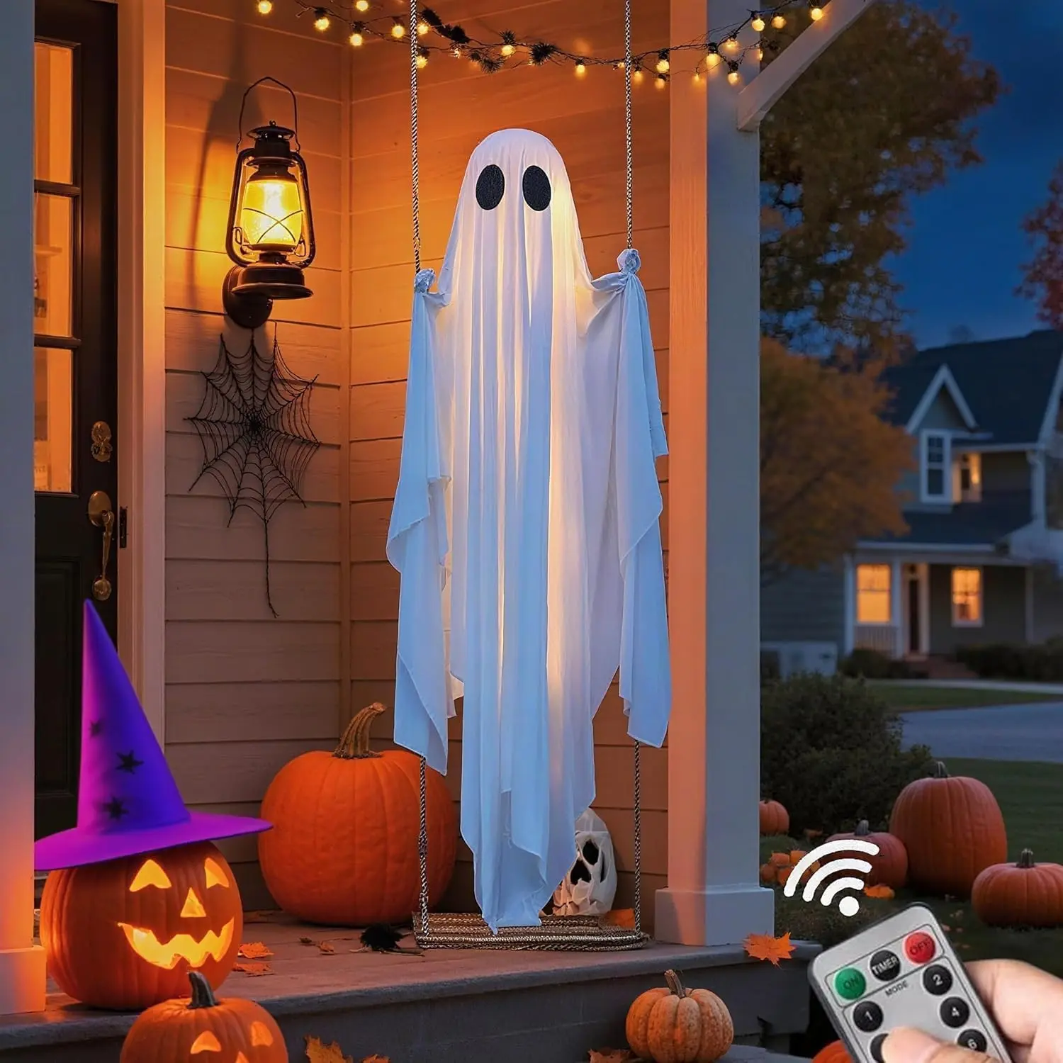 Halloween Glowing Swing Ghost Outdoor Hanging Ornament, Cute Floating Ghost Decor, Remote Control 8 Light Modes, Garden Halloween Setup