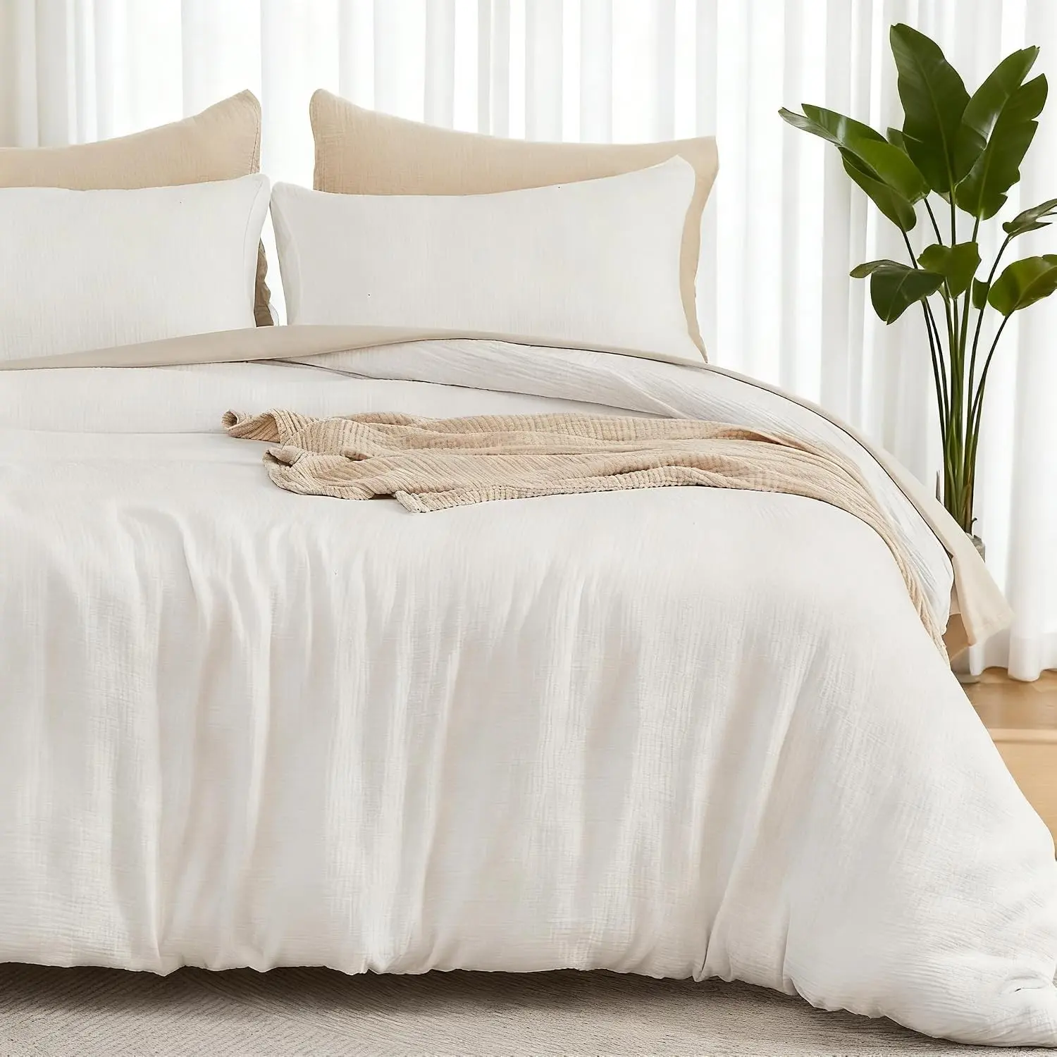 Cream White Cotton Gauze Duvet Cover Queen Size (90"x90") with 2 Pillowcases, 100% Cotton Soft Bedding Set, Breathable Lightweight All-Season Comforter Cover with Zipper & Corner Ties