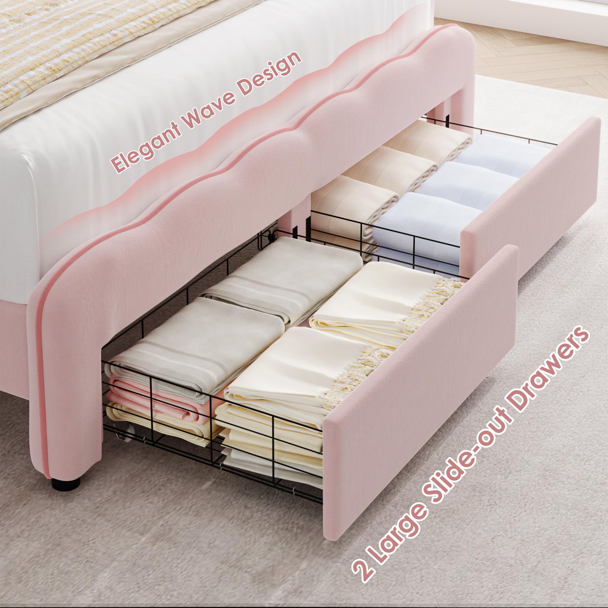 【No mattress】HOSTACK Modern Upholstered LED Bed Frame with Adjustable Lotus Headboard, Velvet Platform Bed Frame with storage drawer, Wooden Slats Support, No Box Spring Needed