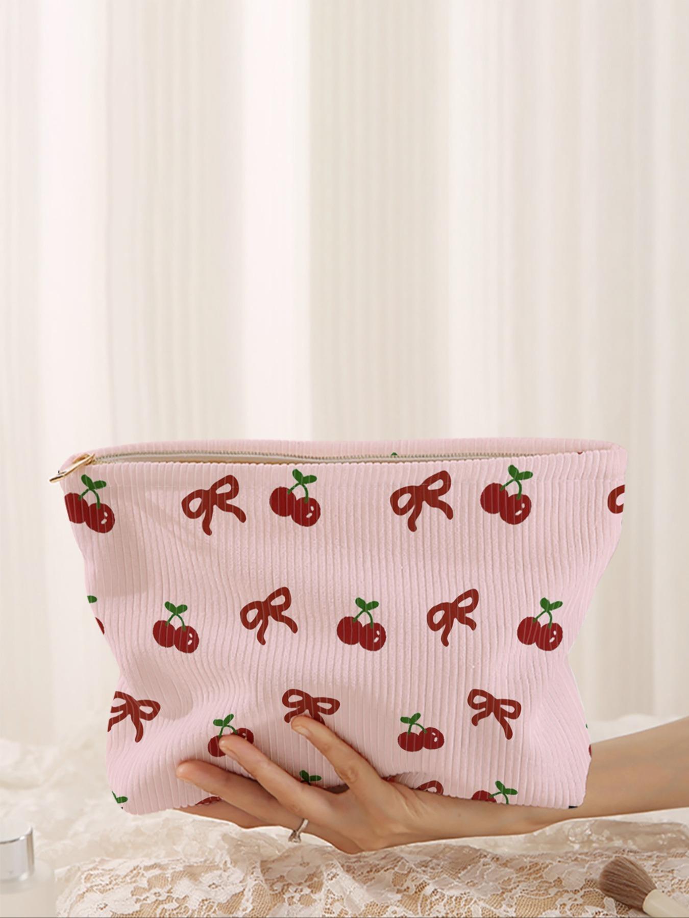 Cherry & Bow Pattern Makeup Bag, Lightweight Multi-functional Fashion Makeup Bag, Casual Travel Makeup Bag, Suitable for Leisure Travel and Various Occasions, Travel Cosmetic Bags, Makeup Pouch, Makeup Organizer Pouch, Travel Essentials, Travel Beauty Bag