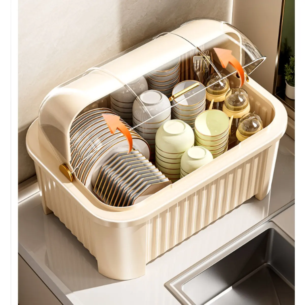 Kitchen Bowl Cabinet,Multi-Functional  Dish Drying Rack With Lid - Space Saving Large Household Bowl Rack, Tableware, Dishes, Plates, Storage Rack, Chopsticks and Bowl Storage Box , Dust Proof Kitchen Storage Cabinet, Utensil Organiser With Drainage Plate