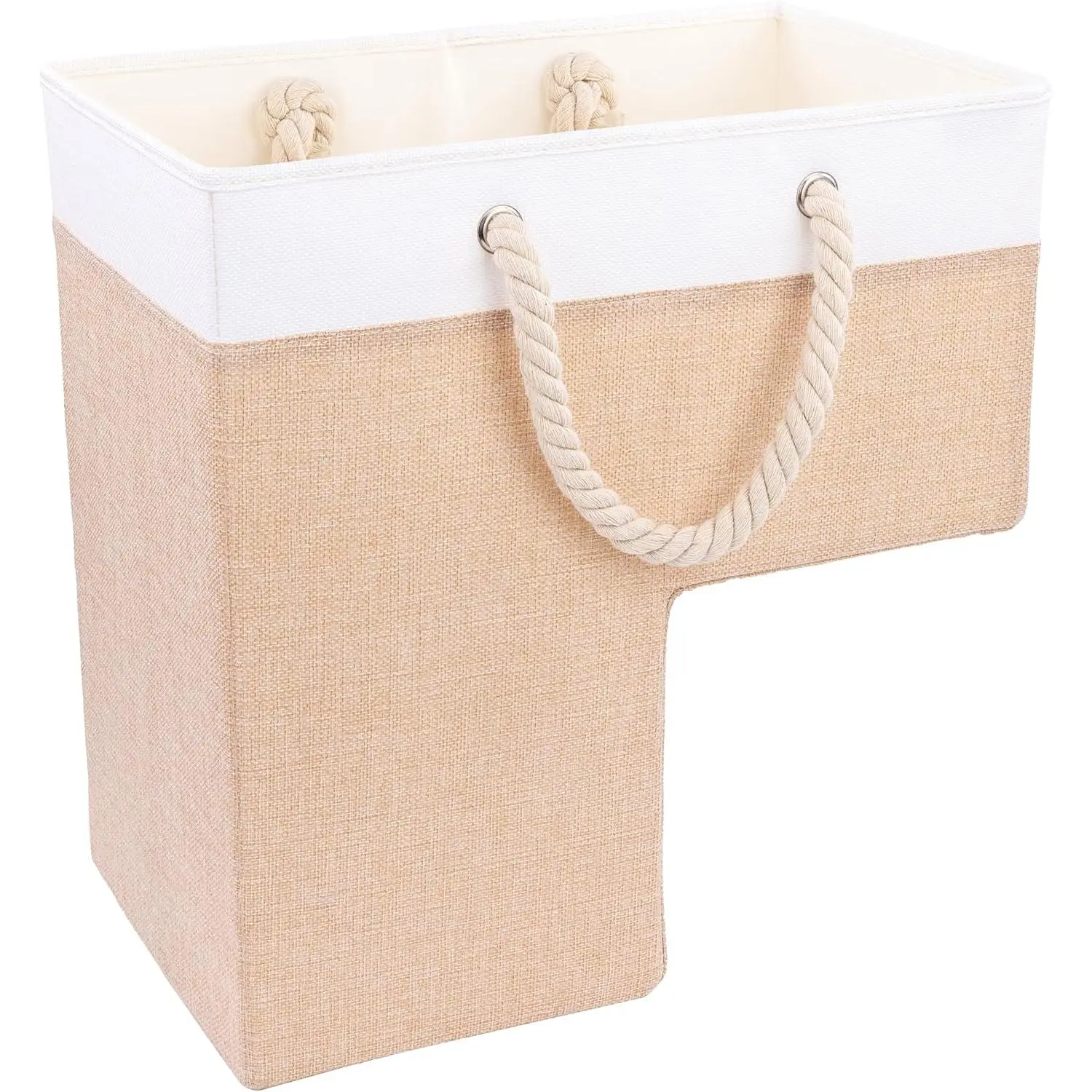 Stair Baskets for Carpeted and Wooden Stairs – 16”L x 10”W x 16”H Foldable Staircase Basket with Handles, Stair Step Storage Organizer (Warm Beige and White)