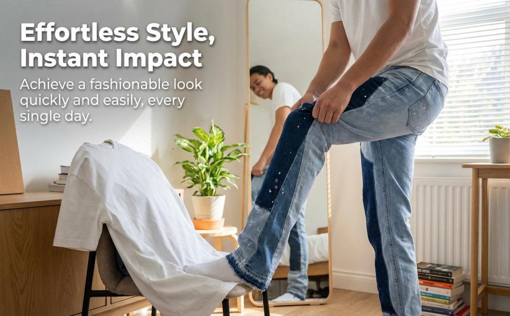 Men's Viral 2026 Trend Flare Denim Jeans Patchwork Paint Splatter Flare Denim Jeans Carpenter Pocket Raw Hem High Street Skate Pants Carpenter Flare Denim Jeans Raw Hem Loose Fit Stretch High Street Skate Pants for Men