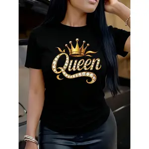 Letter Crown Gold Sticker Pattern Women's Fashion Casual-Shirt, Short Sleeve Round Neck Top, Birthday, Travel Vacation, Party, Sweet And Elegant, Girlfriend, Mother's