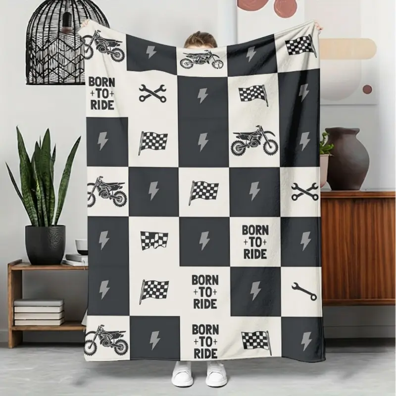 Ultra-Soft Flannel Fleece Throw Blanket - Black-White Checkerboard Background with Dirt-Bike, Checkered Racing Flag, Lightning Bolt, "Born To Ride" Quote - Anti-Pilling, No-Shed, Lightweight, Breathable All-Season Blanket for Boys' Sofa, Couch