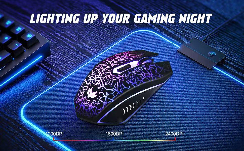 Wireless Gaming Mouse, Rechargeable Wireless Computer Mouse, 7-Color LED Light, Ergonomic Mouse with 6 Silent Click Buttons, 3 Adjustable 2400 DPI Wireless Mouse for Laptop,PC,Mac, Black