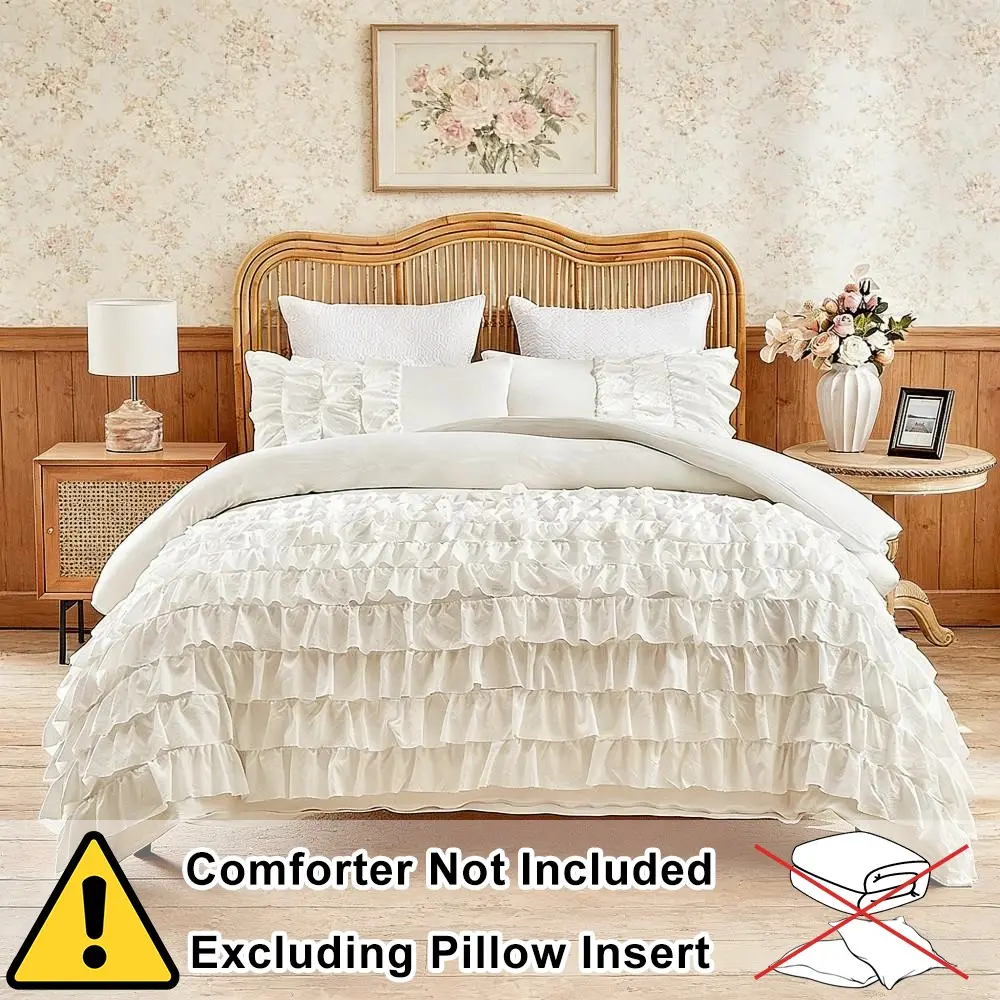 Ten-layer ruffled duvet cover set (2/3 counts), with zipper and corner straps, no filling, French romantic style bedding set, bohemian style bedroom decor, soft, comfortable and breathable, white and khaki colors, gift set, all seasons.