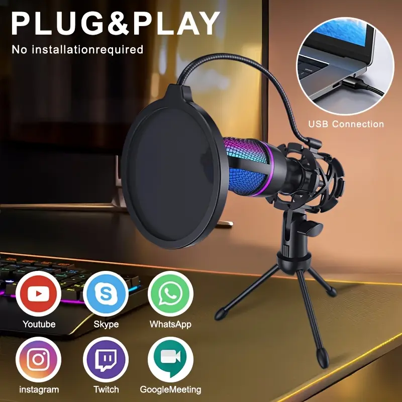 USB computer microphone, RGB gaming microphone with tripod and spray hood - online chat condenser microphone, suitable for live streaming, podcasting, conference calls, PS4/5 players, YouTube and Skype, studio microphone, content creator specific, streaml