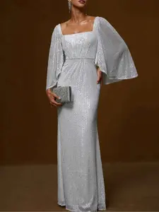 Elegant Sequin Vertical Stripe Maxi Dress, Square Neck Flare Sleeves, Perfect for Evening Parties and Carpet Events, Chic and Classy Style