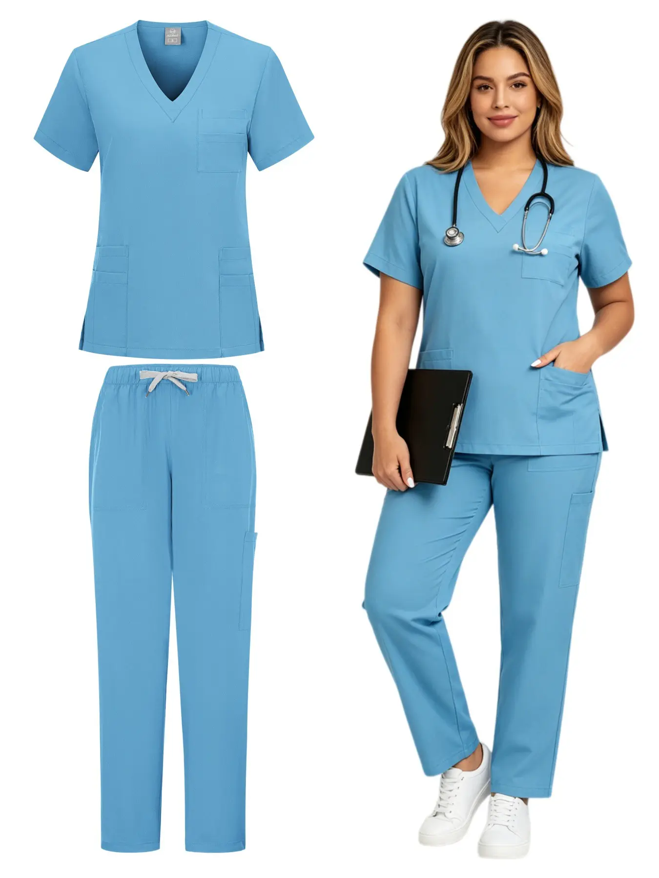 Medical Scrub Hospital Scrubs Set, Basic, Wholesale Nursing Scrub Workwear Uniforms Women Healthcare Work Clothes Elastic Scrub Set Breathable Lightweight Operating Room Surgical V-neck Short Sleeved Tops Pants Pockets