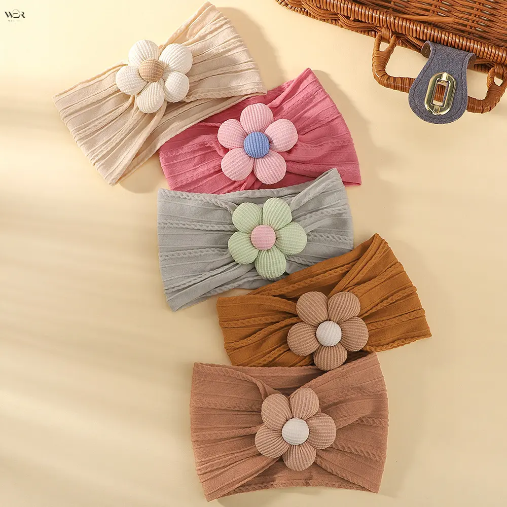 5.5in Stretchy Twisted Floral Baby Headband 15g, Multiple Earth Tone & Pastel Shades, Ribbed 3D Flower Soft Infant Hair Band for Daily Wear Newborn Photo Shoot Hair Accessory