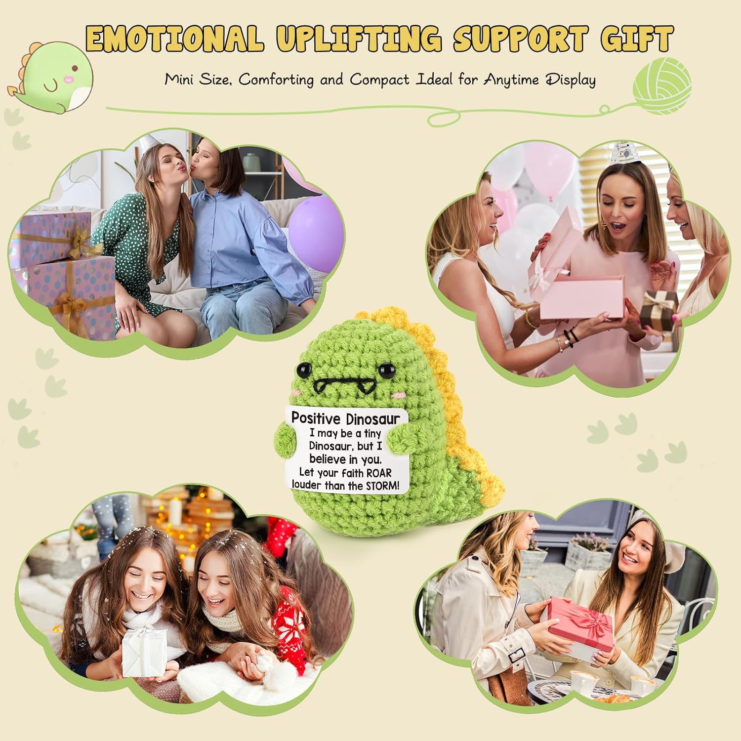 Cute mini handmade inspirational dinosaur plush! This little positive crochet dino is the perfect sweet gift for friends, family, colleagues and loved ones. Great as encouragement presents, birthday gifts and Christmas stocking stuffers for everyone.