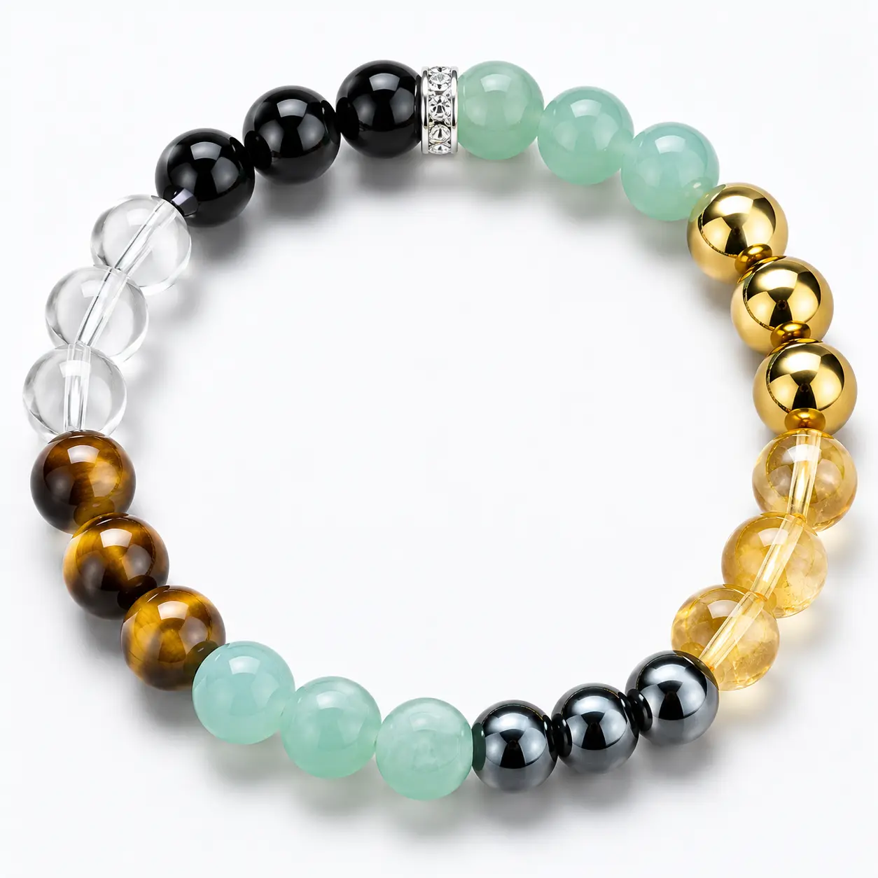 Natural Multi-Stone Beaded Bracelet with Tiger Eye Green Agate Citrine Clear Quartz Hematite Healing Crystal Chakra Energy Protection Stretch Bracelet for Men Women