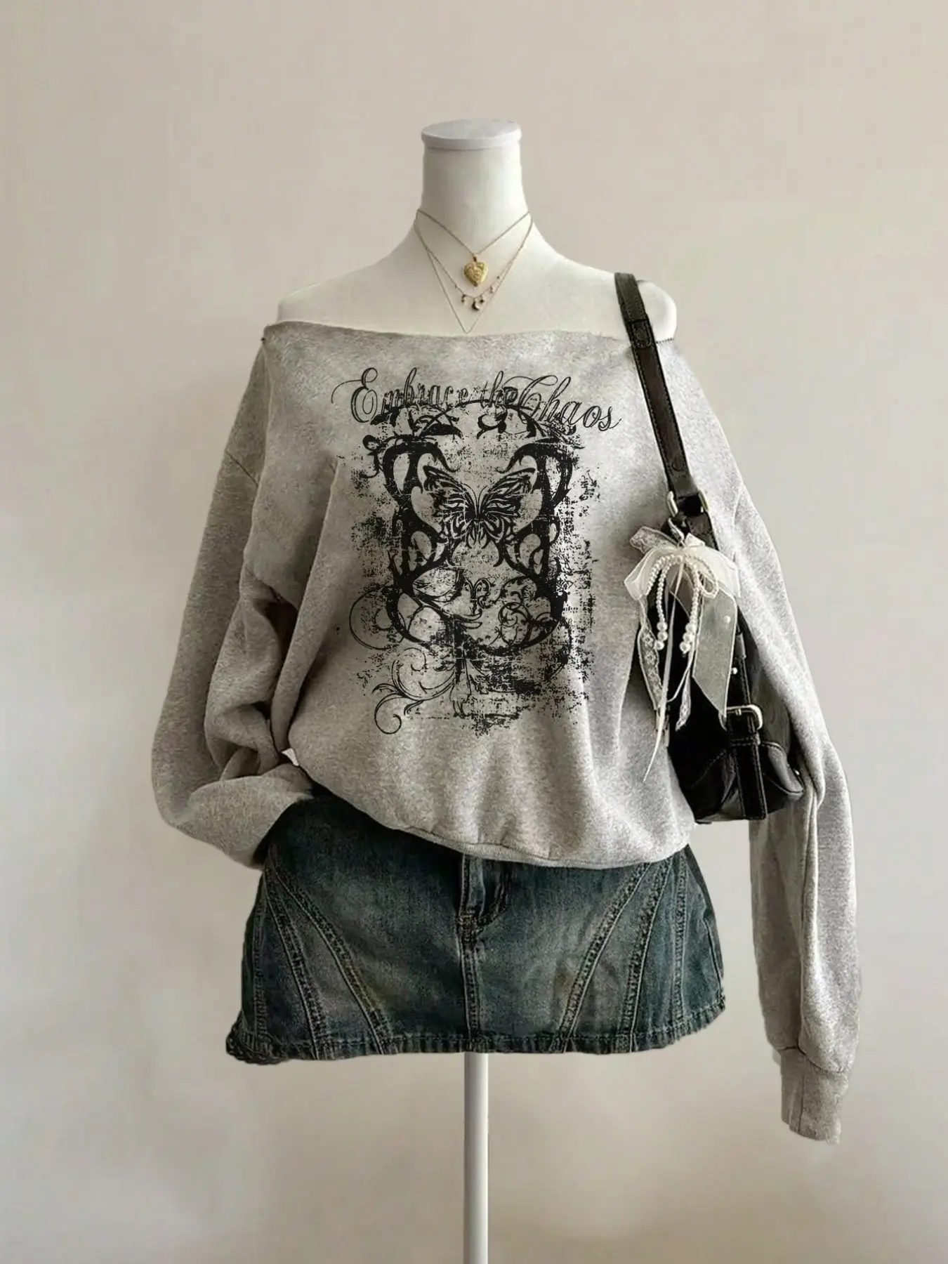 TikTok Y2K Grunge Heather Grey Oversized, Loose Off Shoulder Butterfly Distressed Vintage Graphic Soft French Terry Sweatshirt Women Slash Neck Long Sleeve Pullover Top Streetwear Dating Campus Daily Lounge OOTD Aesthetic Fall Alt Girl Basic Wardrobe