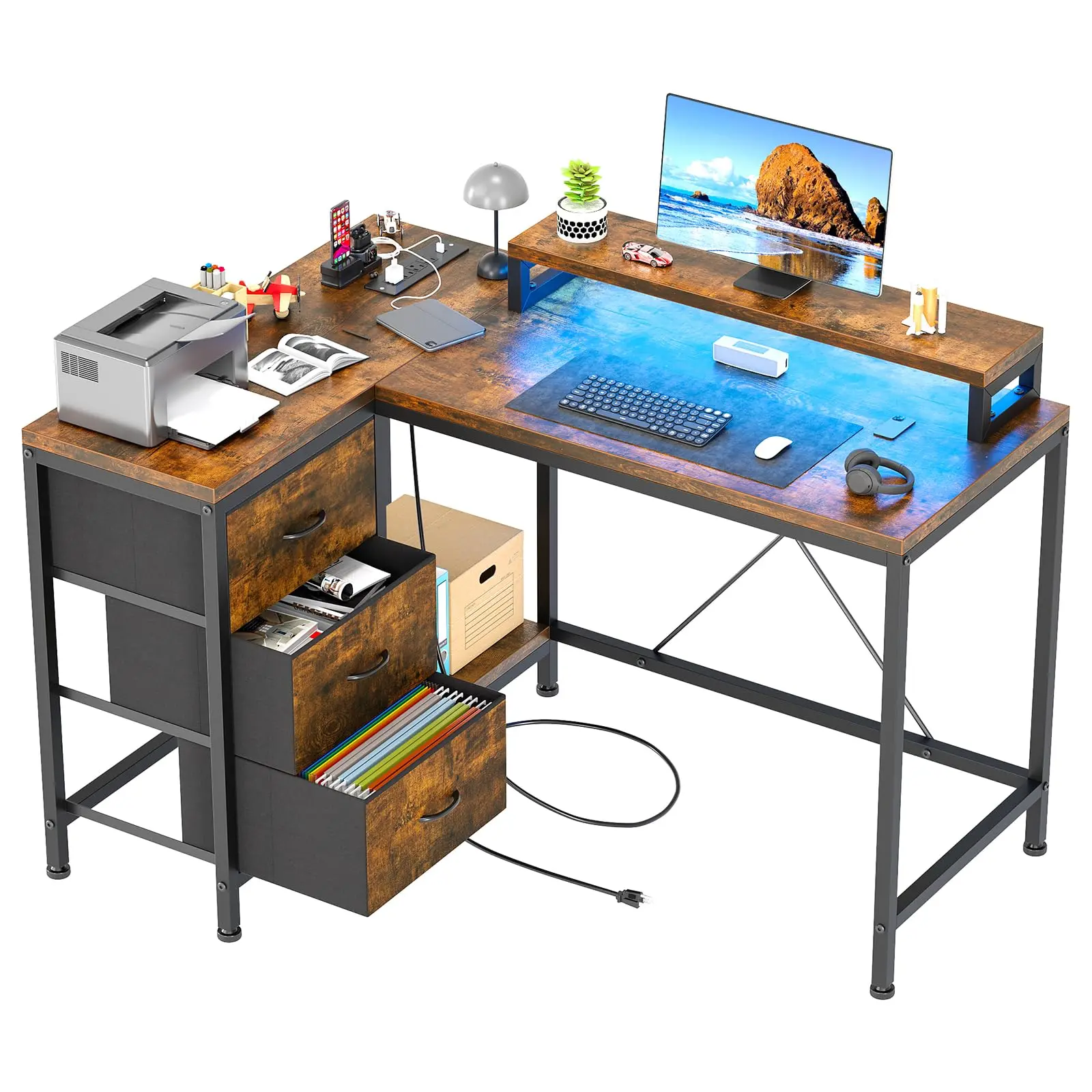 GARVEEL Shaped Desk with Power Outlets & LED Lights, Computer Desk with Drawers & Shelves, Corner Desk Gaming Desk Home Office Desk, Rustic Brown