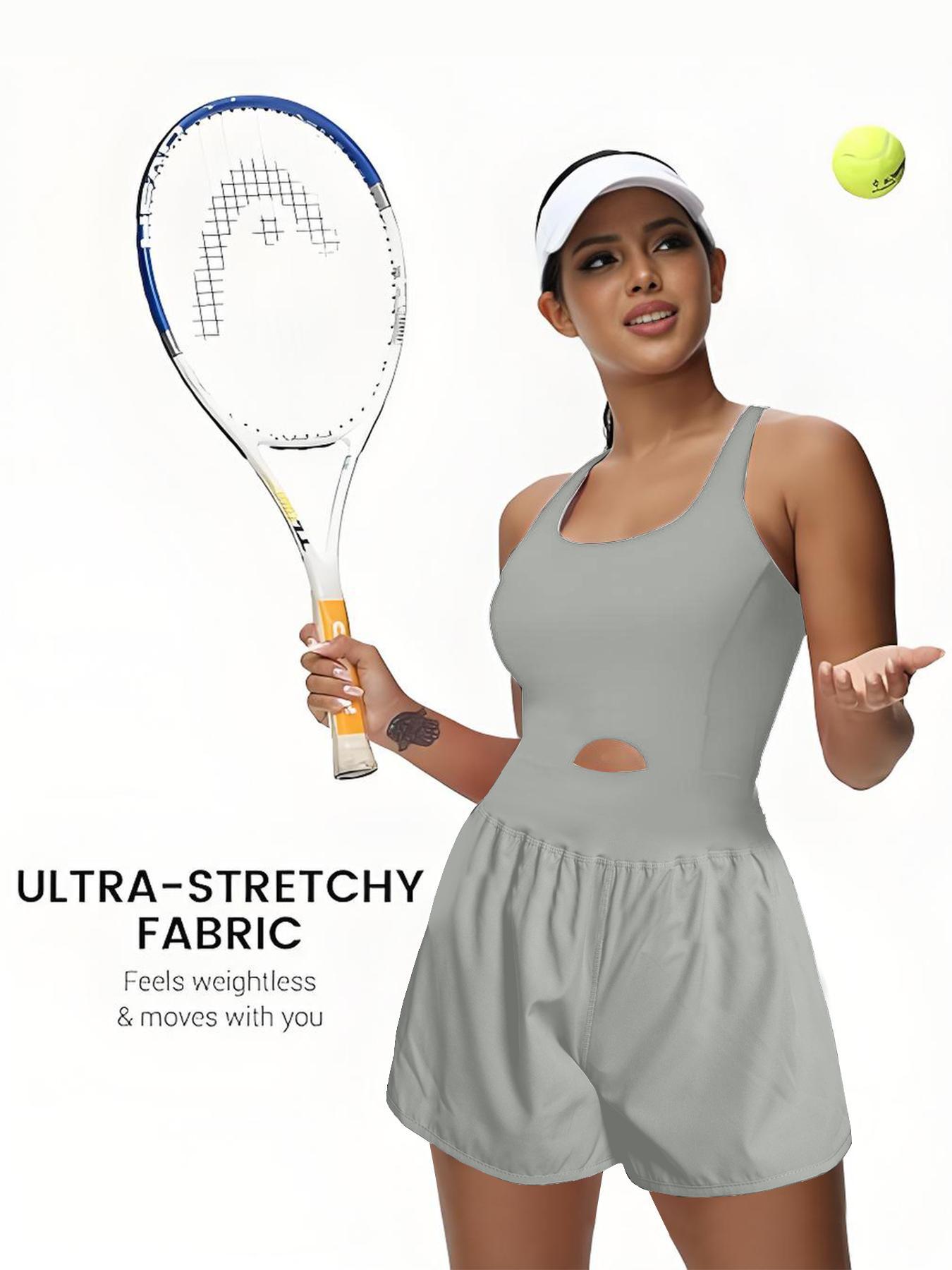 Women's Solid-Color Racerback Sports Romper, Athletic Workout Romper with Removable Chest Pads, High Waisted Romper, Casual Comfy Breathable Sleeveless Jumpsuit for Yoga, Gym and Workouts, Stretch Sportswear for All Seasons
