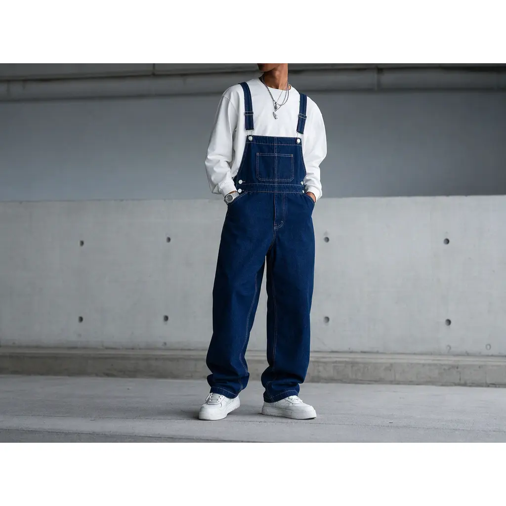 Men's Vintage Denim Overalls Casual Workwear Jumpsuit, Classic Dark Blue Jeans Bib Pants with Adjustable Straps and Pocket Design, Loose Fit Streetwear Clothing for Men, Retro Fashion Outfit for Daily Wear