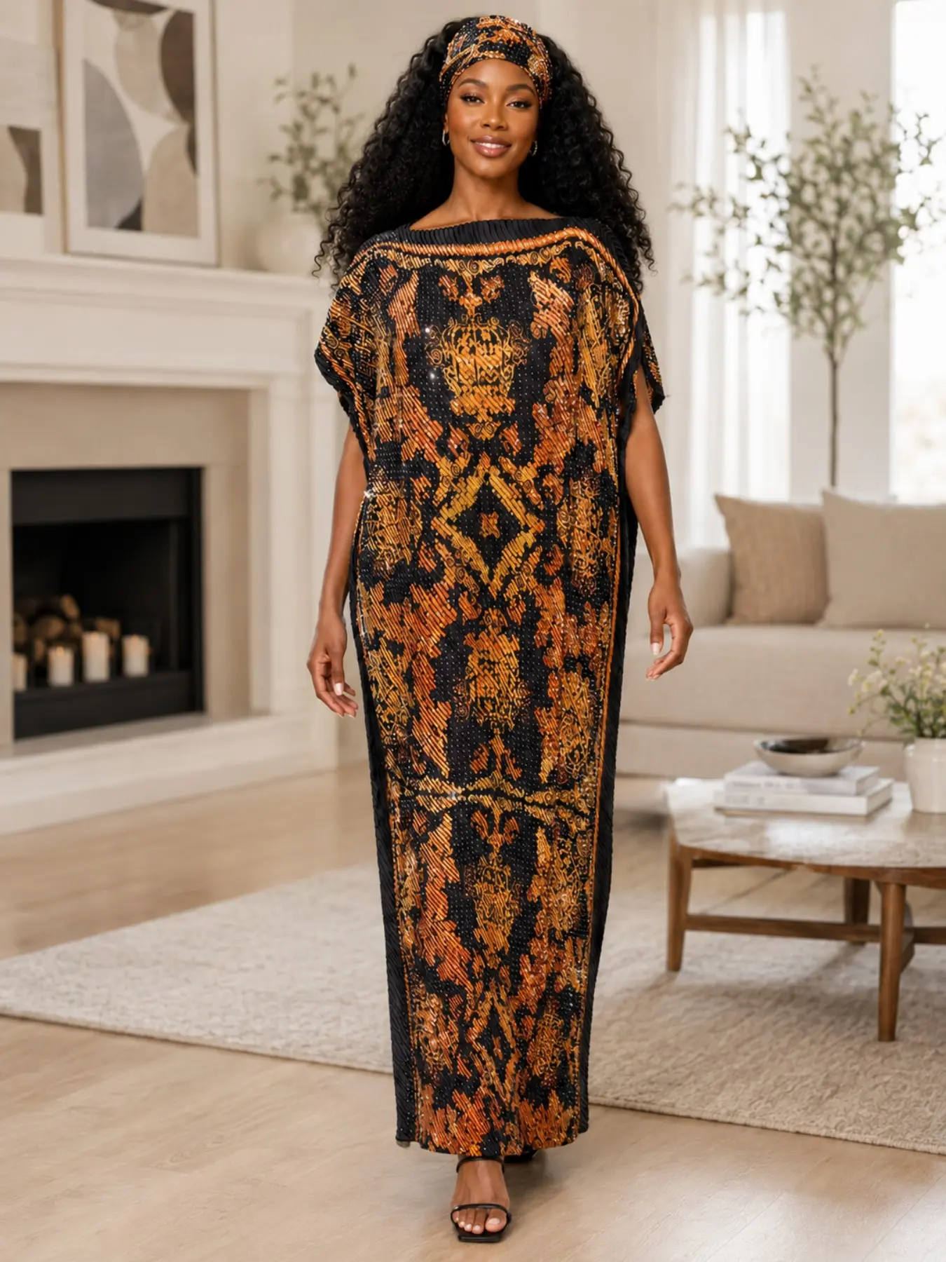 Plus Size Women 2 Piece Pleated Satin Caftan Robe Set, Kaftan Dresses, Black Base Orange Gold Palace Totem Print Hotfix Rhinestone Embellished Loose Batwing Sleeve Maxi Dress with Matching Head Scarf, Loungewear for Home Beach Vacation