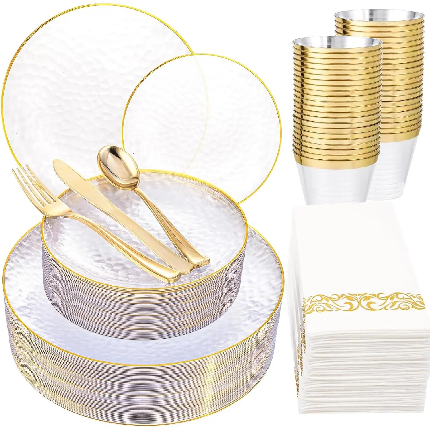 175 Pcs Plastic Dinnerware Set (25 Guests), Clear And Gold Plastic Plates, Hammered Party Plates Include Dinner Plates, Dessert Plates, Cups, Gold Cutlery Set And Napkins for Party