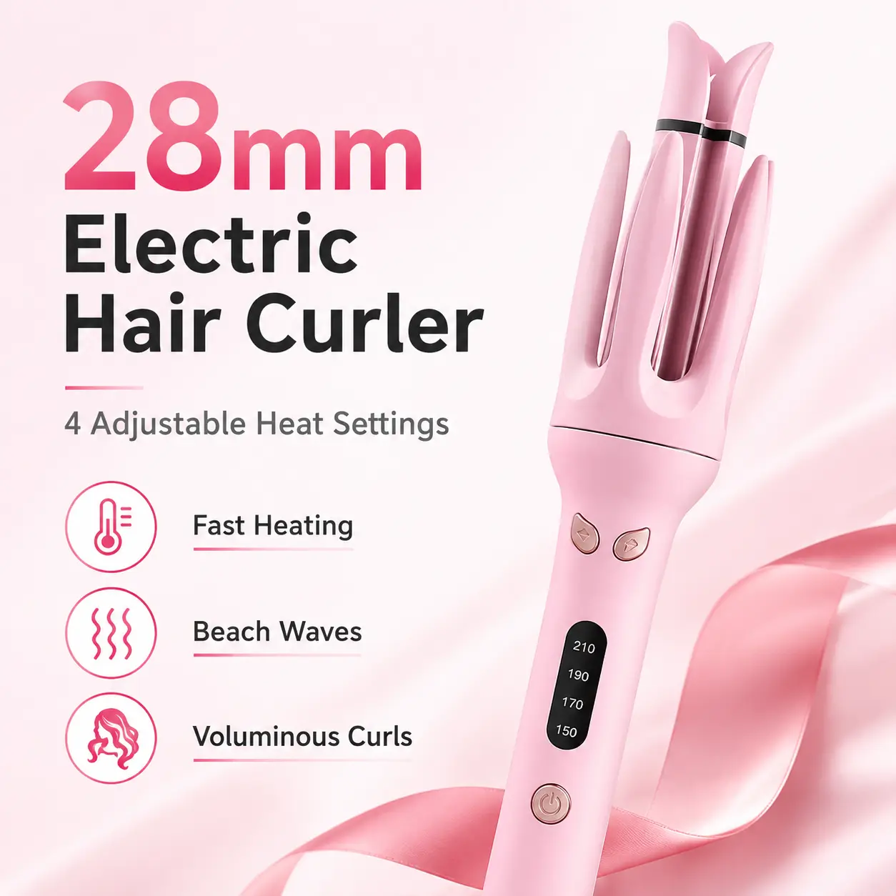 28mm Electric Hair Curling Iron - 4 Adjustable Heat Settings, Fast Heating Mode, Large-Barrel Curler for Voluminous Curls, Long-Lasting Waves, Home Salon Use